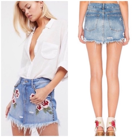 Free people boho embroidered floral denim skirt size 25 - Picture 1 of 8